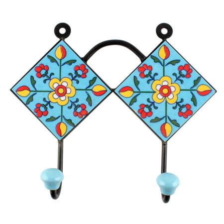 Turquoise Floral Ceramic Tiles Wall Hook